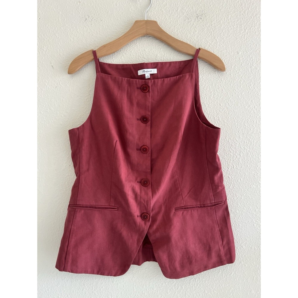 Madewell Womens Size 6 Linen Blend Button Front Vest Top Rust Red Square Neck